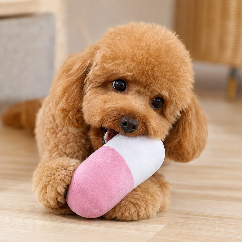 Plush Pill Shaped Dog Toy lifestyle