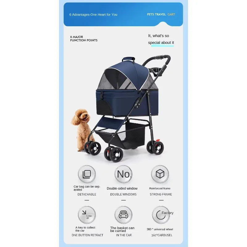 Luxury Pet Cart Trolley Foldable Dog Carrier Four Wheeled Pet Stroller Portable Outdoor Travel Pushchair for Small Pets