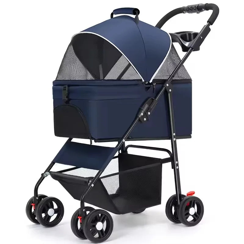Luxury Pet Cart Trolley Foldable Dog Carrier Four Wheeled Pet Stroller Portable Outdoor Travel Pushchair for Small Pets