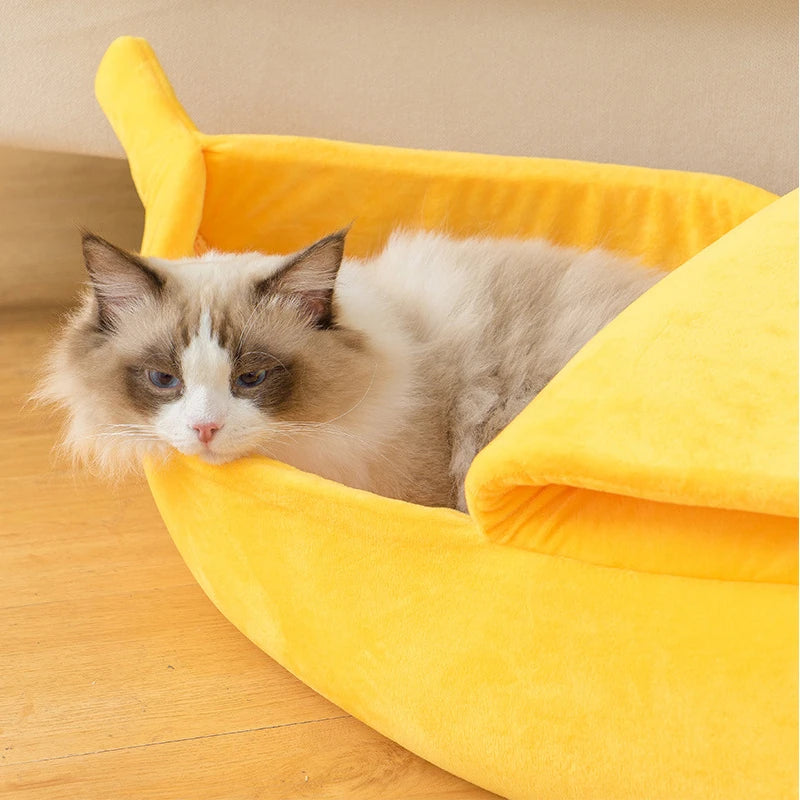 Semi Enclosed Soft Plush Warm Cat Nest Sleeping Bag Banana Villa House Pet Toy Storage Basket For Cat Squirrel