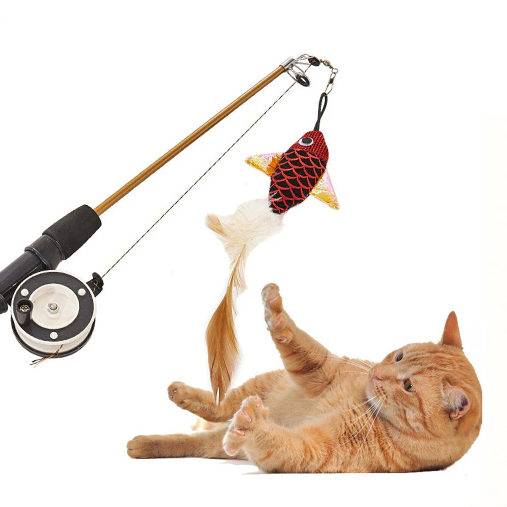 Retractable Cat Toy Fish Type Telescopic Feathers Funny Cat Stick Toys Pet Toy for Kitten Cat Rods Simulation Fishing Rod