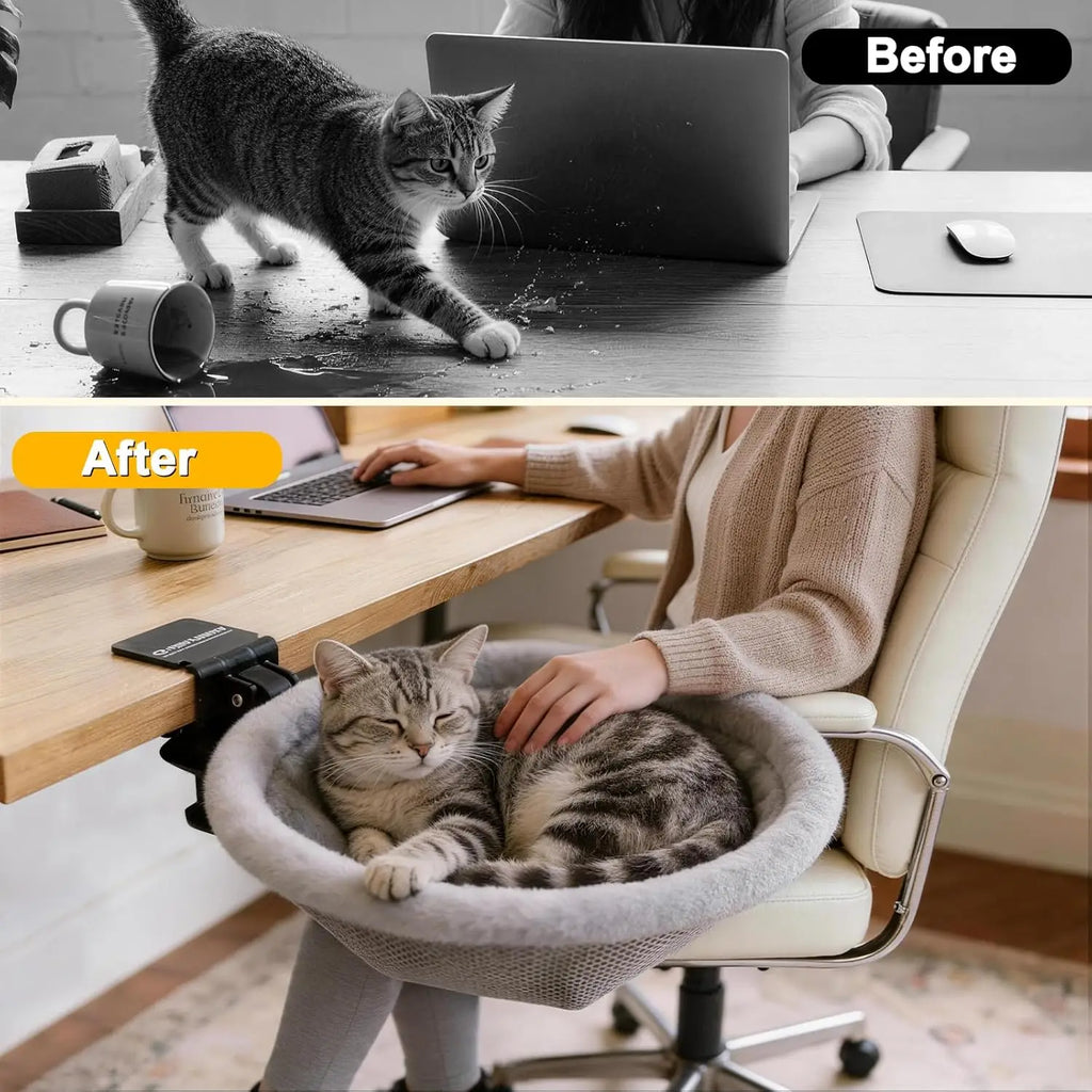 Cat Desk Bed Foldable Sunken Design Cat Desk Bed One-Click Folding Space-Saving Hammock Perch For Home Office Indoor Cats