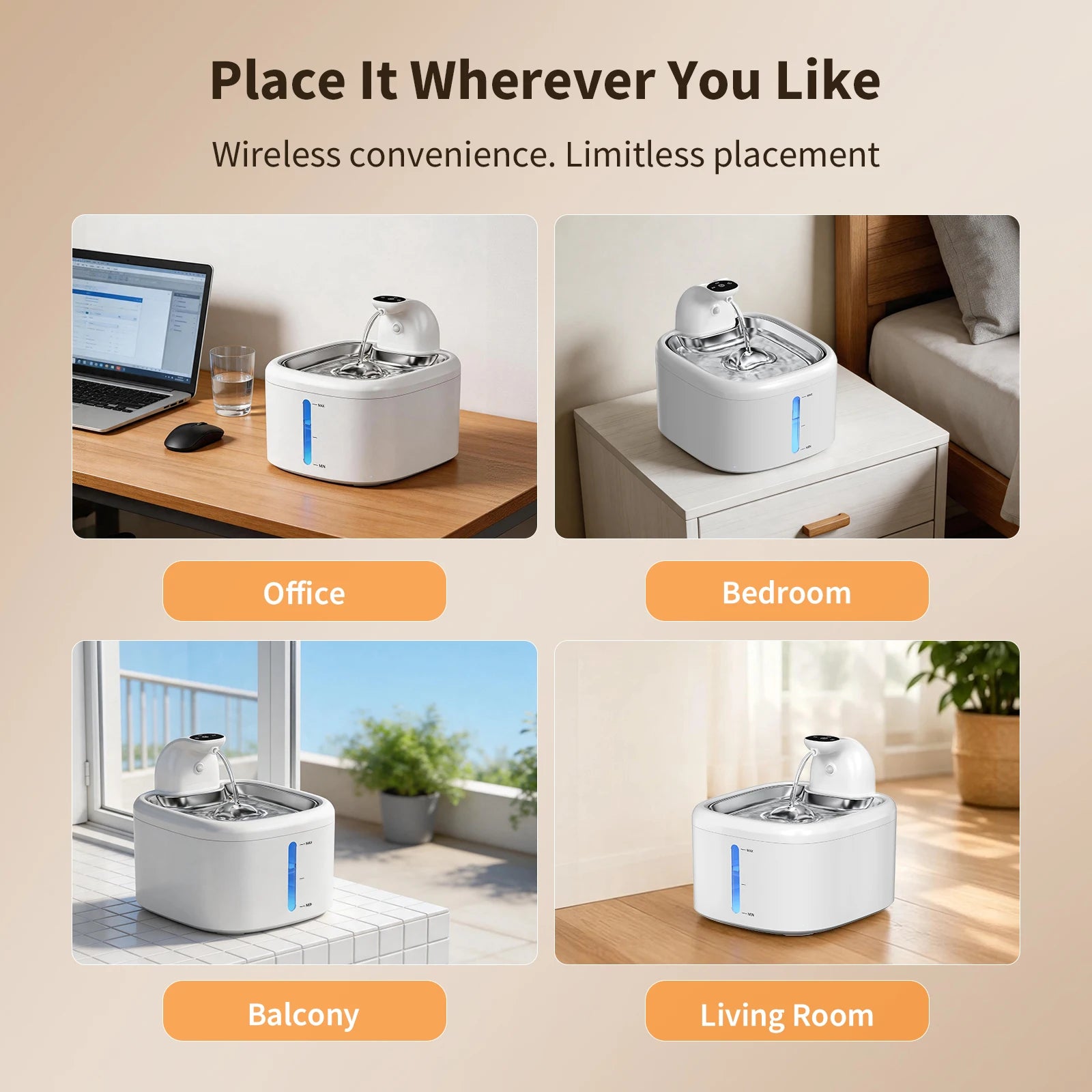 3.5L Cat Water Fountain Wireless Pet Water Dispenser With Stainless Steel Pallet 4000mAh Battery Motion-Sensing Water Dispensing