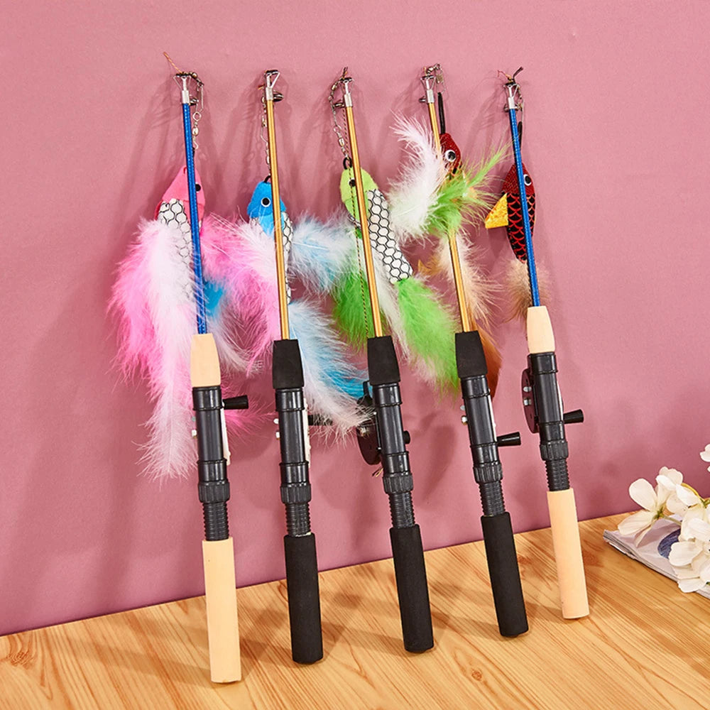 Retractable Cat Toy Fish Type Telescopic Feathers Funny Cat Stick Toys Pet Toy for Kitten Cat Rods Simulation Fishing Rod