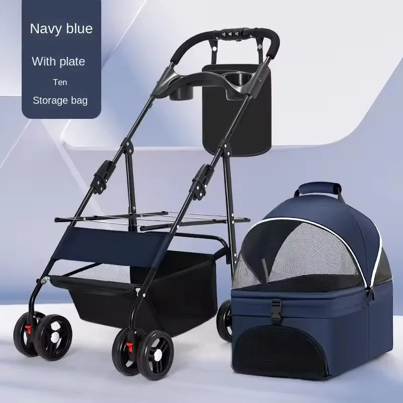 Luxury Pet Cart Trolley Foldable Dog Carrier Four Wheeled Pet Stroller Portable Outdoor Travel Pushchair for Small Pets