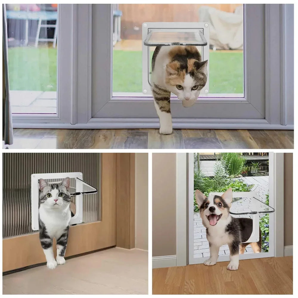 Cat Flap Door for Interior Exterior Doors Windows Magnetic 4 Way Lock ABS Plastic Pet Gate Safety Entry Exit for Cats Dogs