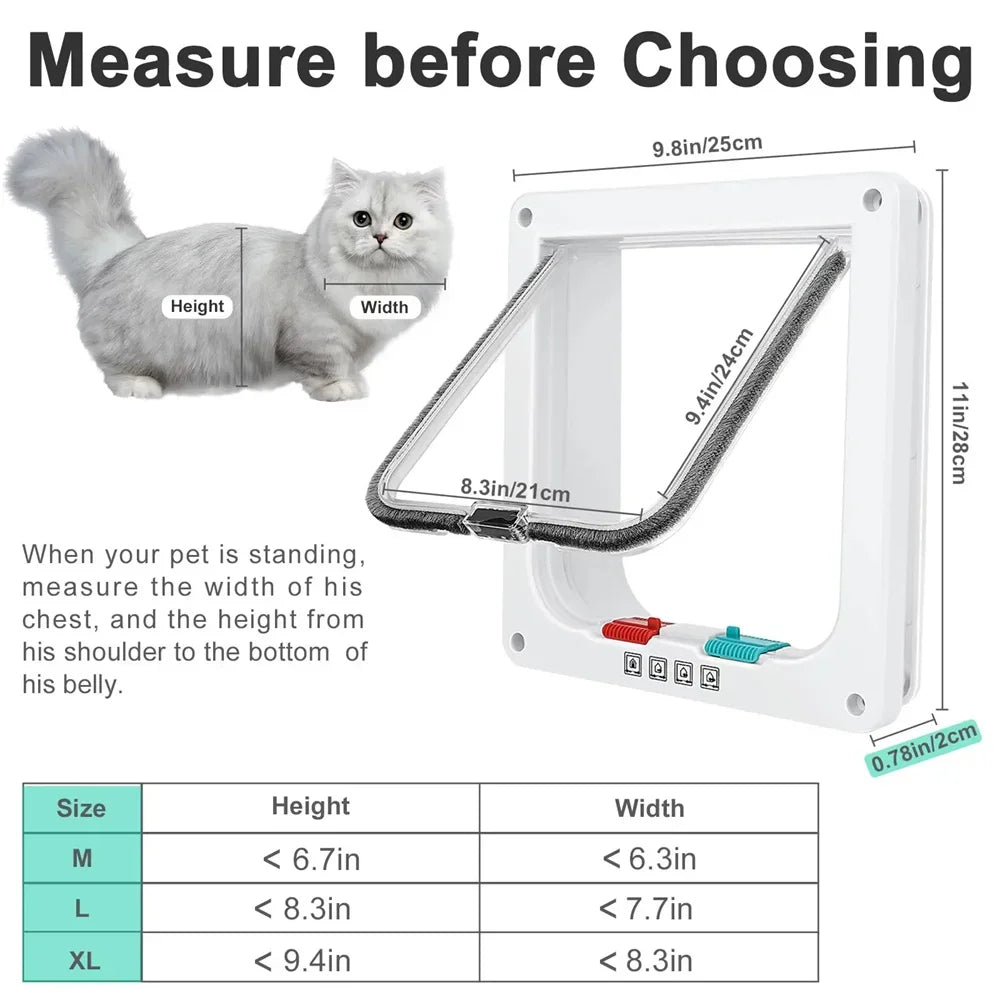 Cat Flap Door for Interior Exterior Doors Windows Magnetic 4 Way Lock ABS Plastic Pet Gate Safety Entry Exit for Cats Dogs