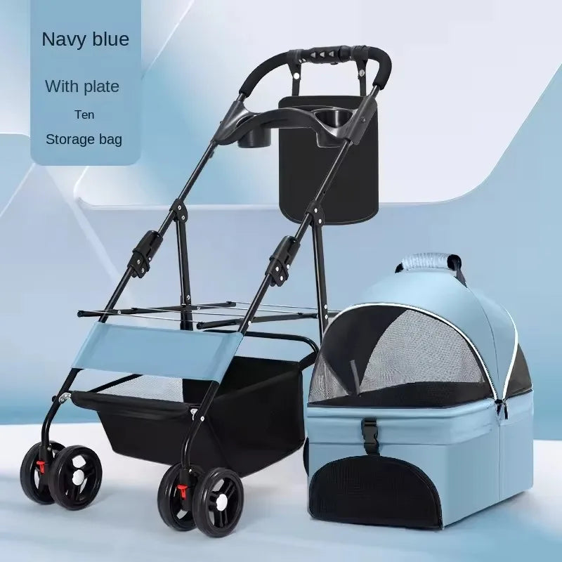 Luxury Pet Cart Trolley Foldable Dog Carrier Four Wheeled Pet Stroller Portable Outdoor Travel Pushchair for Small Pets