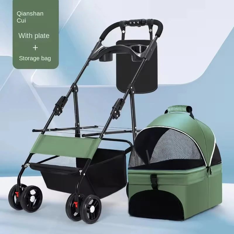 Luxury Pet Cart Trolley Foldable Dog Carrier Four Wheeled Pet Stroller Portable Outdoor Travel Pushchair for Small Pets