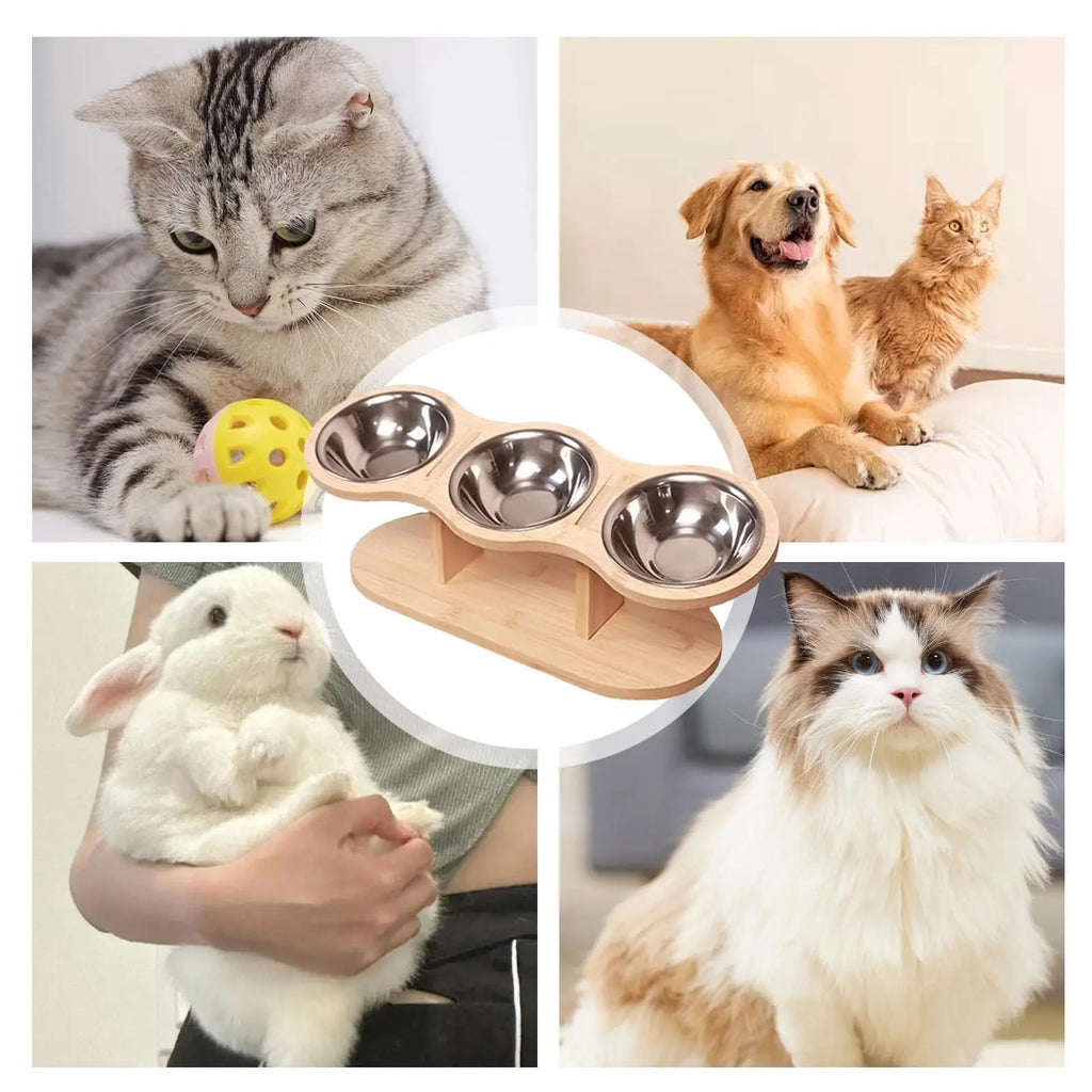 Elevated Cat Bowls Raised Wood Stand Feeder with 3 Stainless Steel Bowls Feeding & Watering Supplies for Puppy Cats Accessories