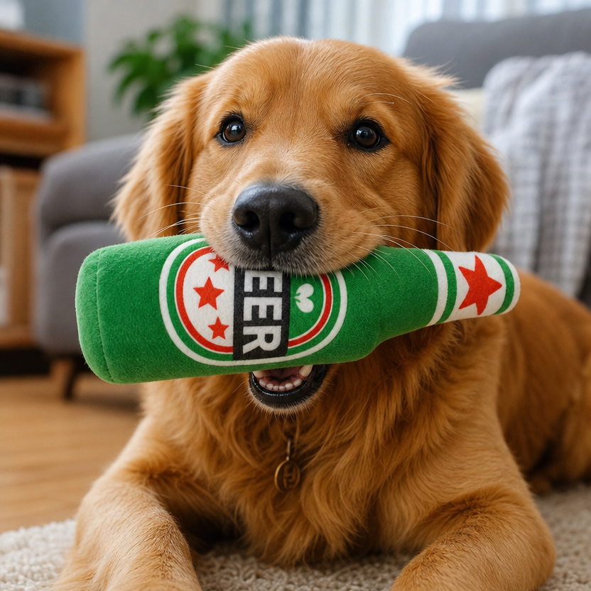 Funny Plush Dog Toy Beer Bottle lifestyle